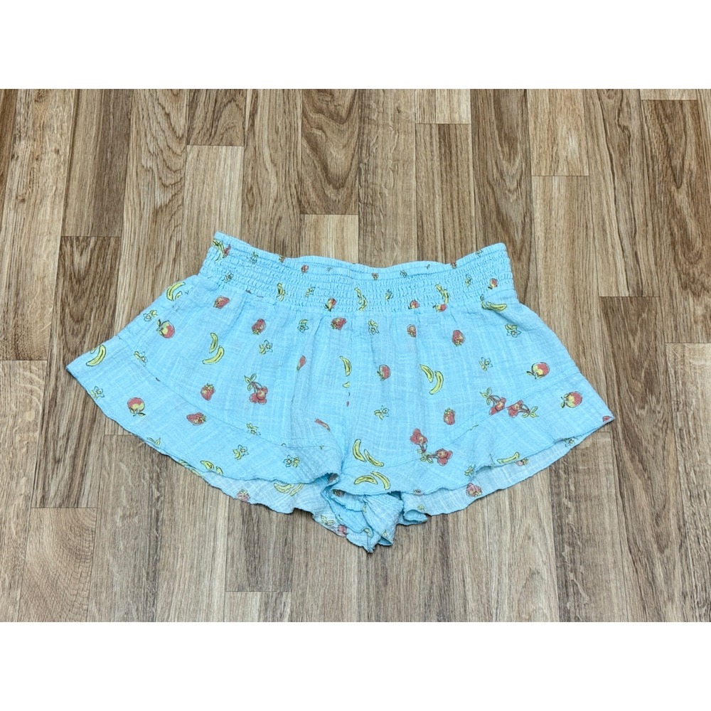 Out From Under Lilly Beach Shorts Blue Fruit Print Smocked Gauze Small